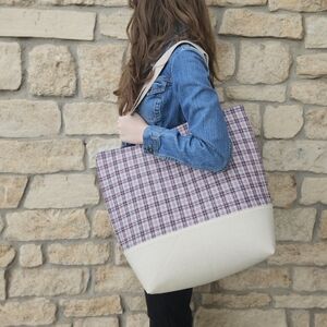 Large Padded Tote Bag with Pockets Blue Red and Cream Plaid Cotton Canvas